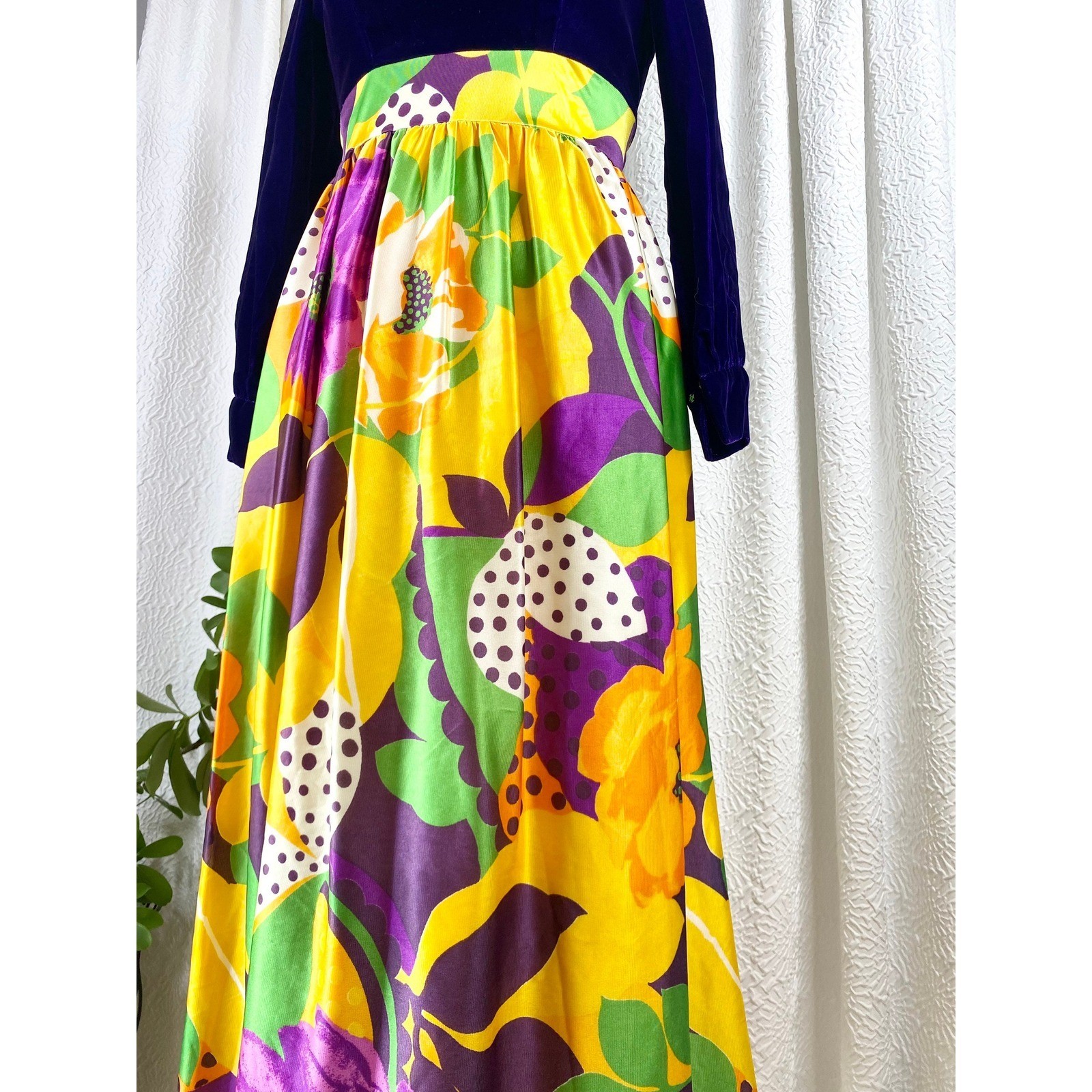 Vintage 1960s Floral Velvet Maxi Dress, Mod Style, Size S