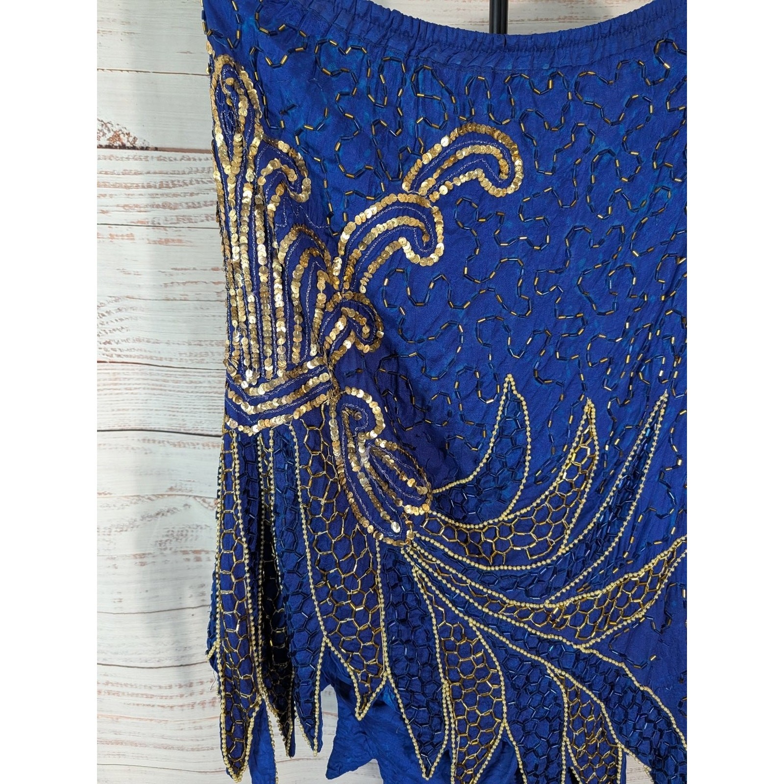 VTG Silk 3Pc Set Beaded Sequin Top Skirt Royal Blue Gold Art Deco Mermaidcore