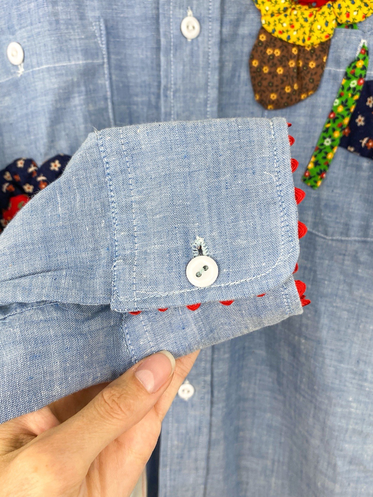 VTG 70s Chambray Patchwork Shirt Calico Flower Strawberry Applique RickRack L