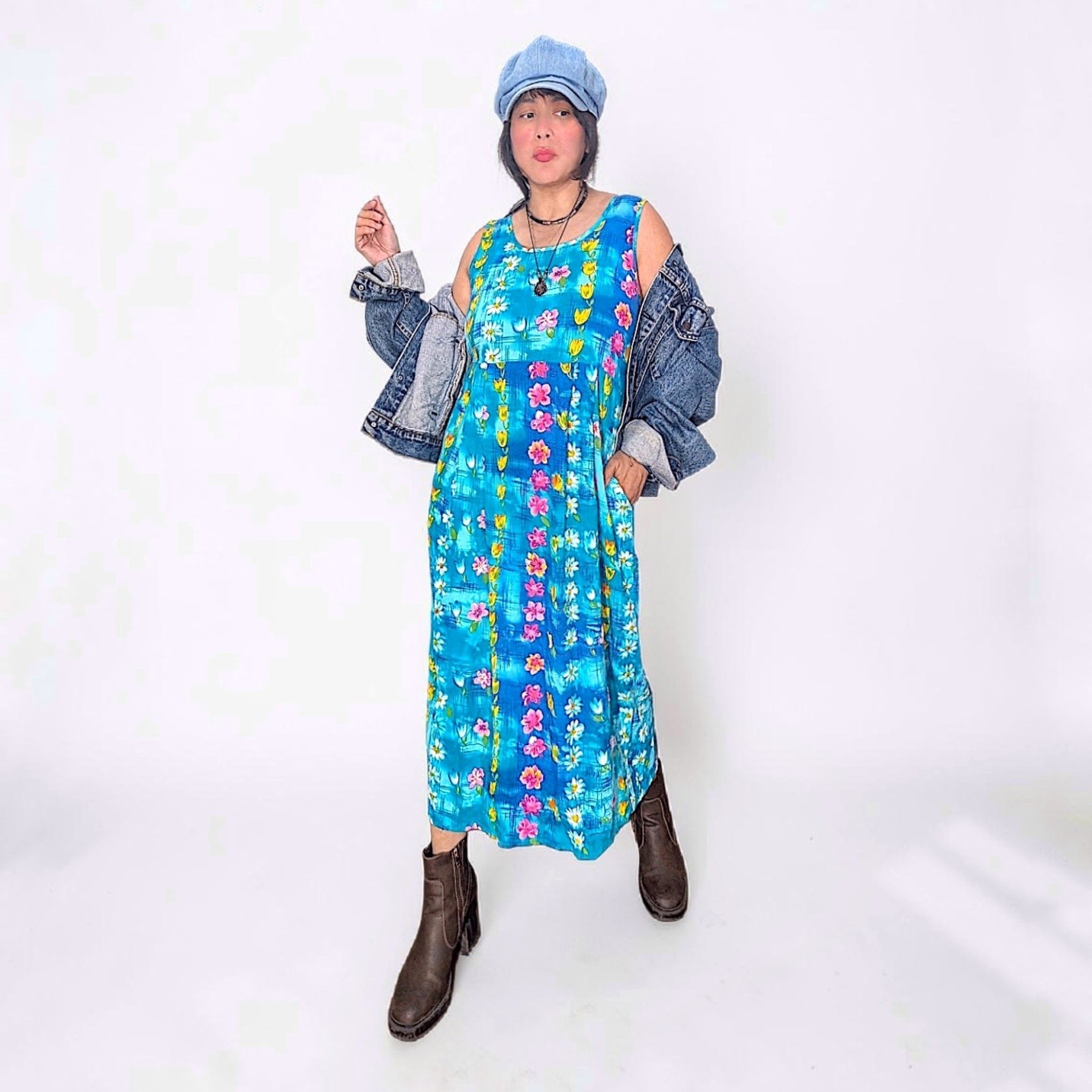 Jams World VTG 90s floral multicolor pockets boho fairy grunge slip midi dress M