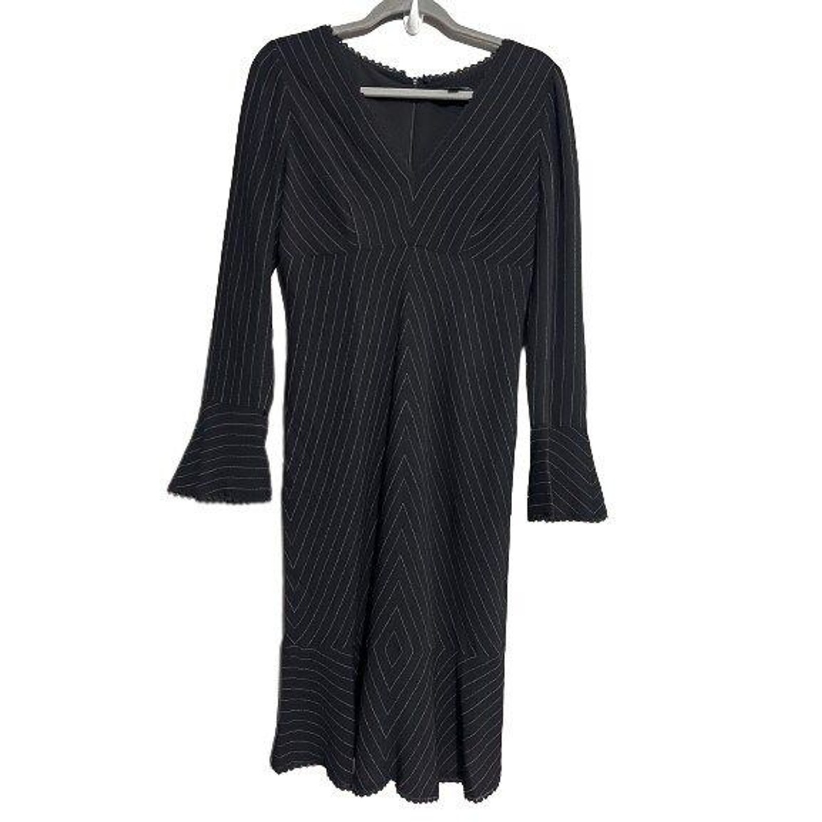 Adrianna Papell Vtg Y2K Sz 6 Black Pinstripe Fitted Dress Bell Sleeve Midi