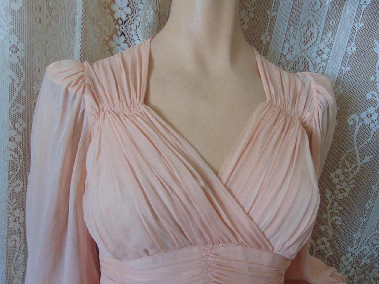 1940s ORIGINAL DESIGN PINK CHIFFON LONG DRESS PUFF BALLOON SLEEVES 24 W