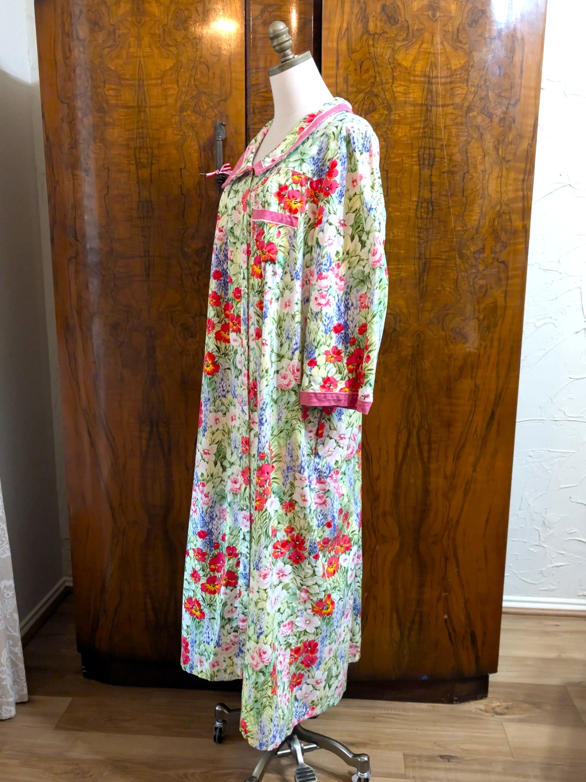 Vtg Models Coat by Swirl Grandmacore Floral Maxi Duster 18 Housecoat Pink Trim