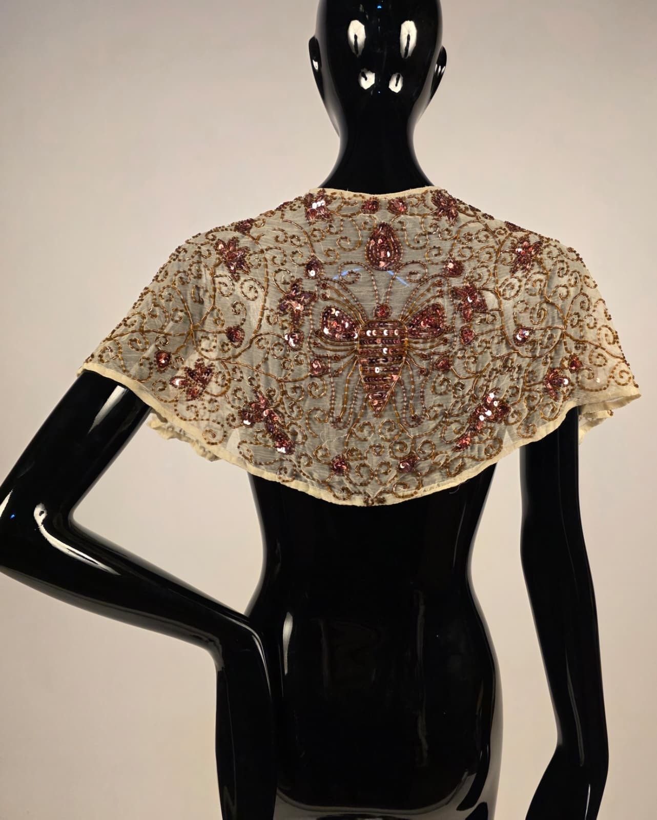 FLAPPER 1920’S GOLD BEAD + SEQUIN SILK CHIFFON CAPE FOR DRESS W BUTTERFLY