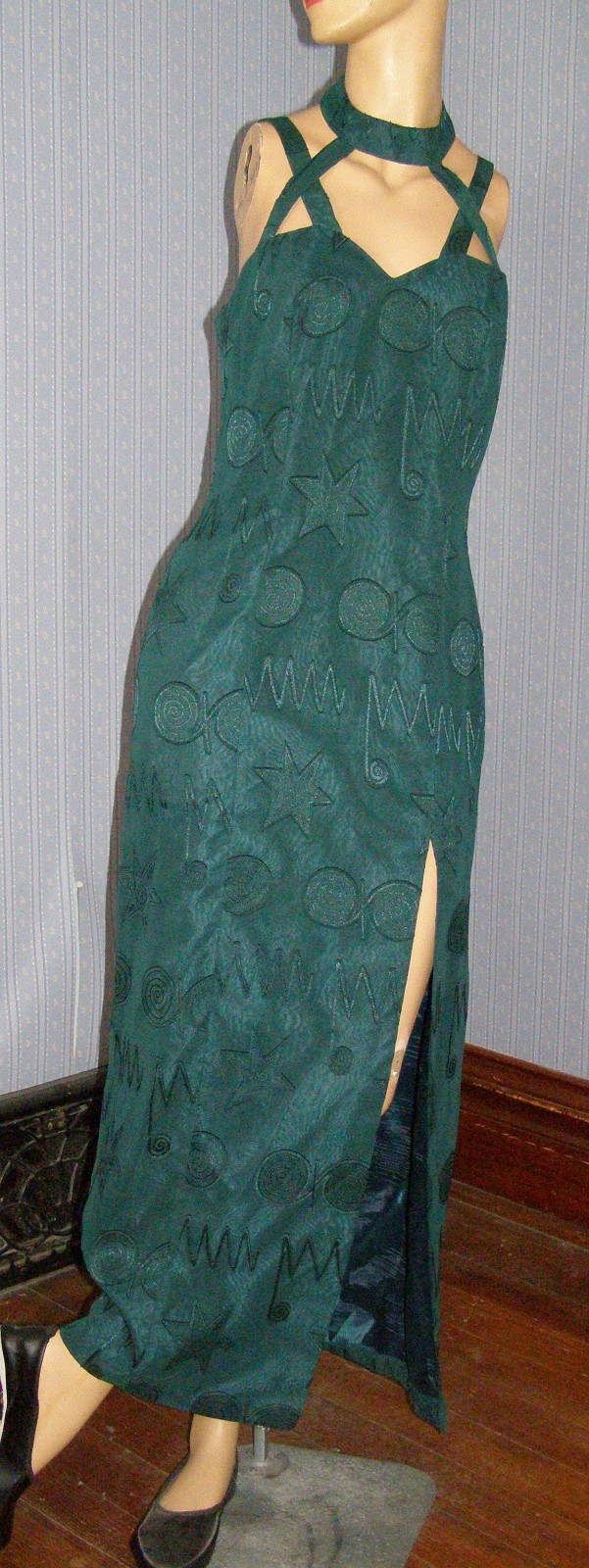 Vintage 90&rsquo;s forest green EMBOSSED SHAPES evening dress M L TRIBAL art deco