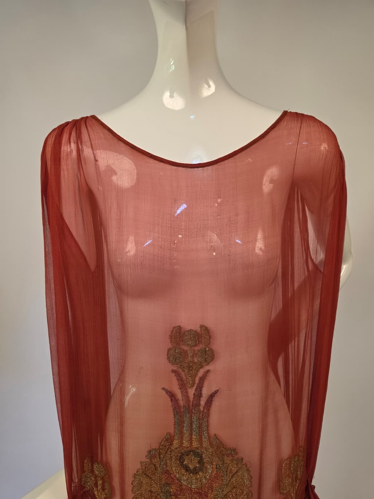 FLAPPER 1920’S RUST RED SHEER SILK CHIFFON DRESS W STAR GOLD LAME BROCADE DETAIL