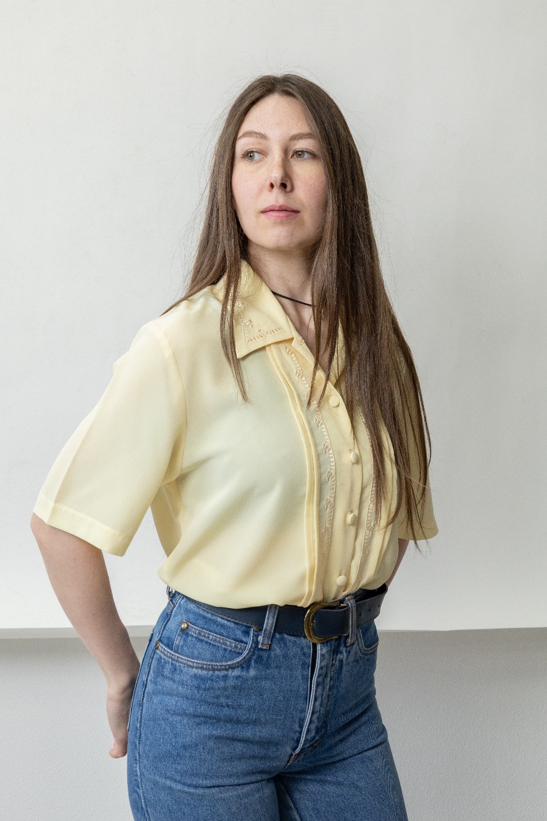 Vintage 90s Pale Yellow Embroidered Blouse Tonal Floral Coquette French Girl M