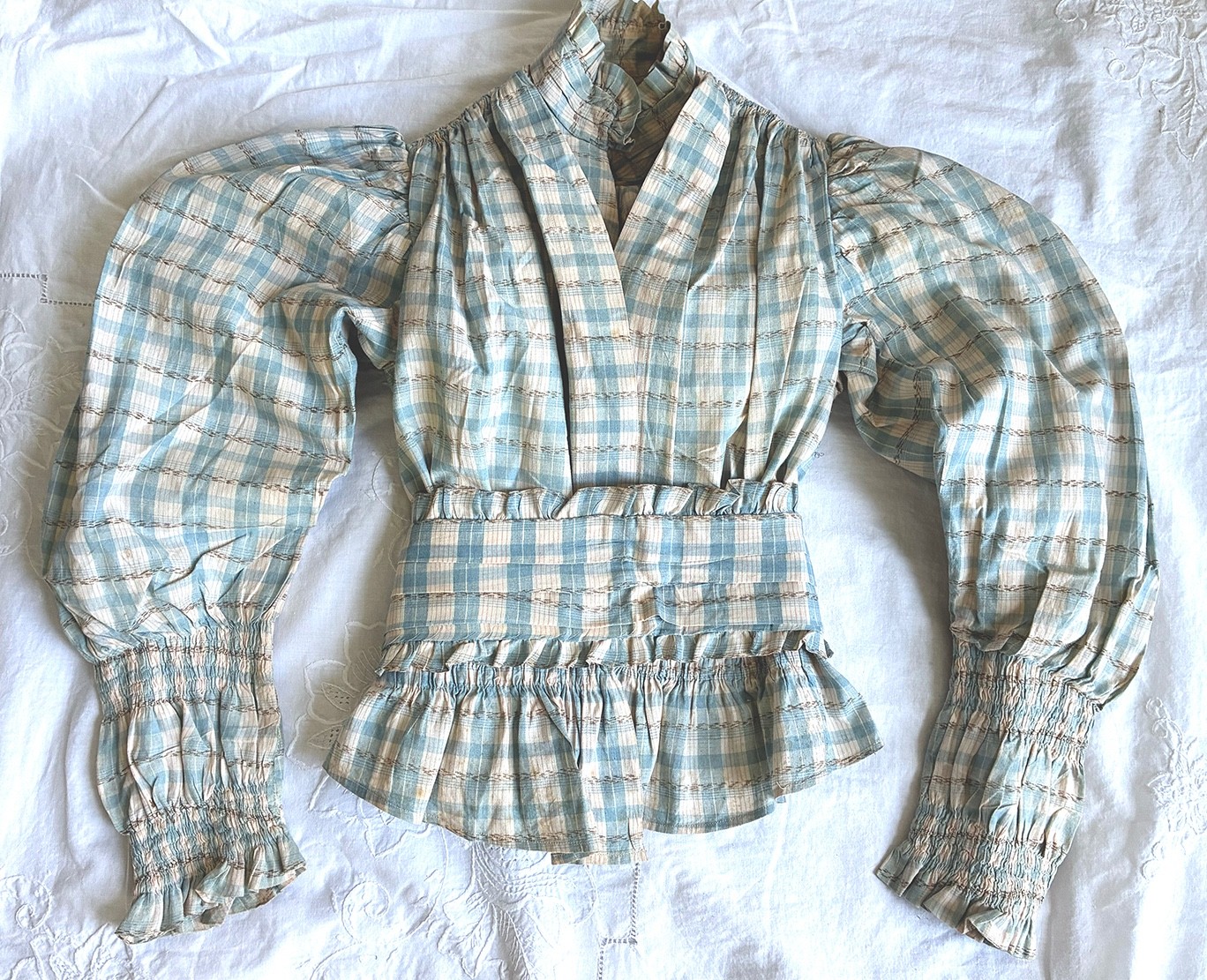 Antique 1800&rsquo;s Ladies Gingham Bodice w Cummerbund & Stays ~ Mutton Sleeves XXS