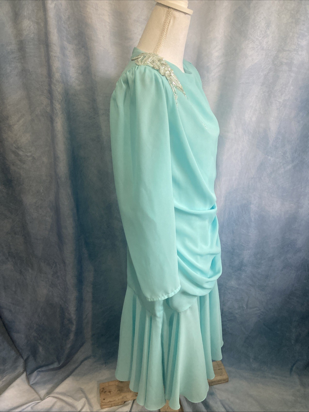 VTG 80s Abby Kent Aqua Mint Beaded Draped Cocktail Dress Ruched Fit Modern Small