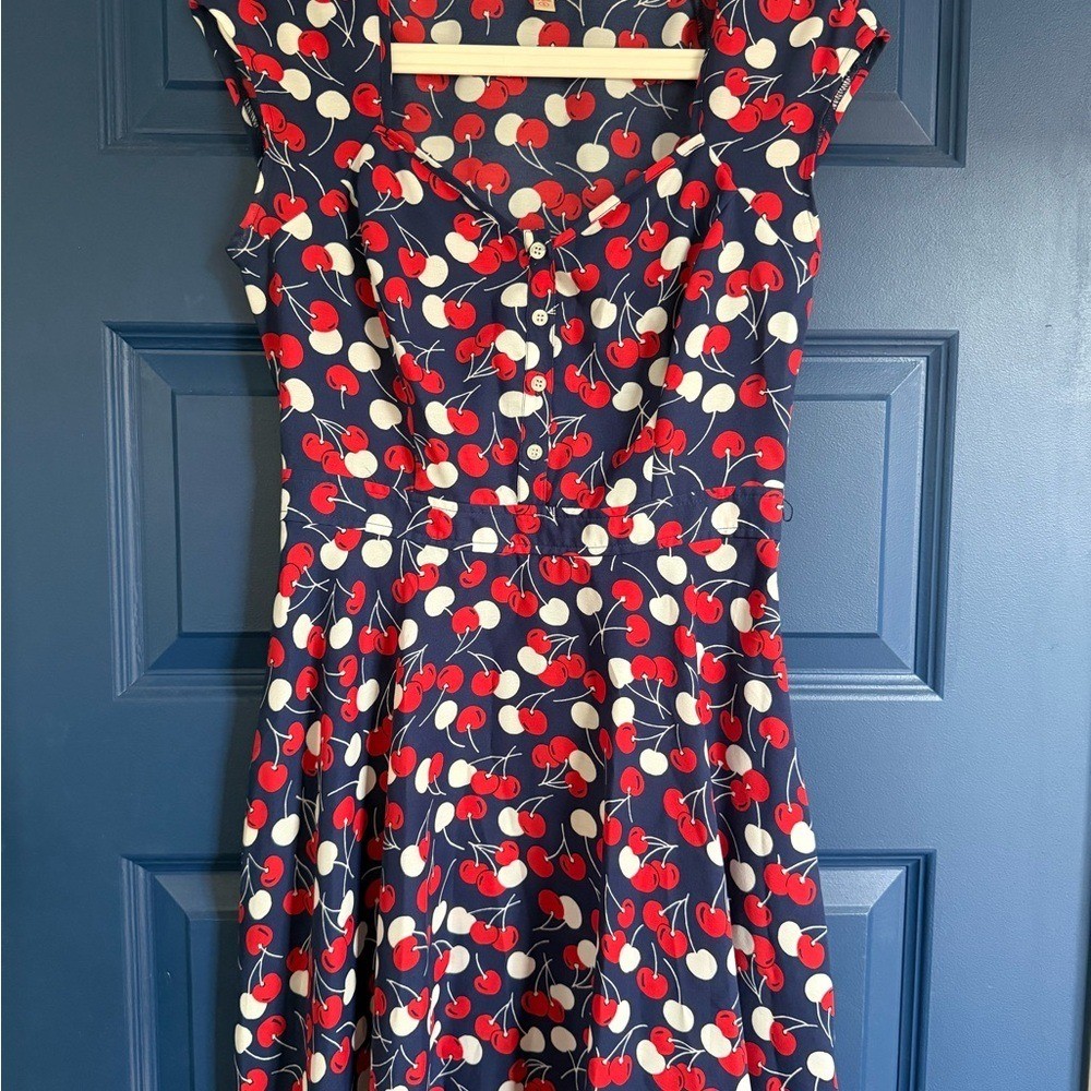 Retro inspired Red & White Cherry Print Navy Summer dress with Keyhole back. S