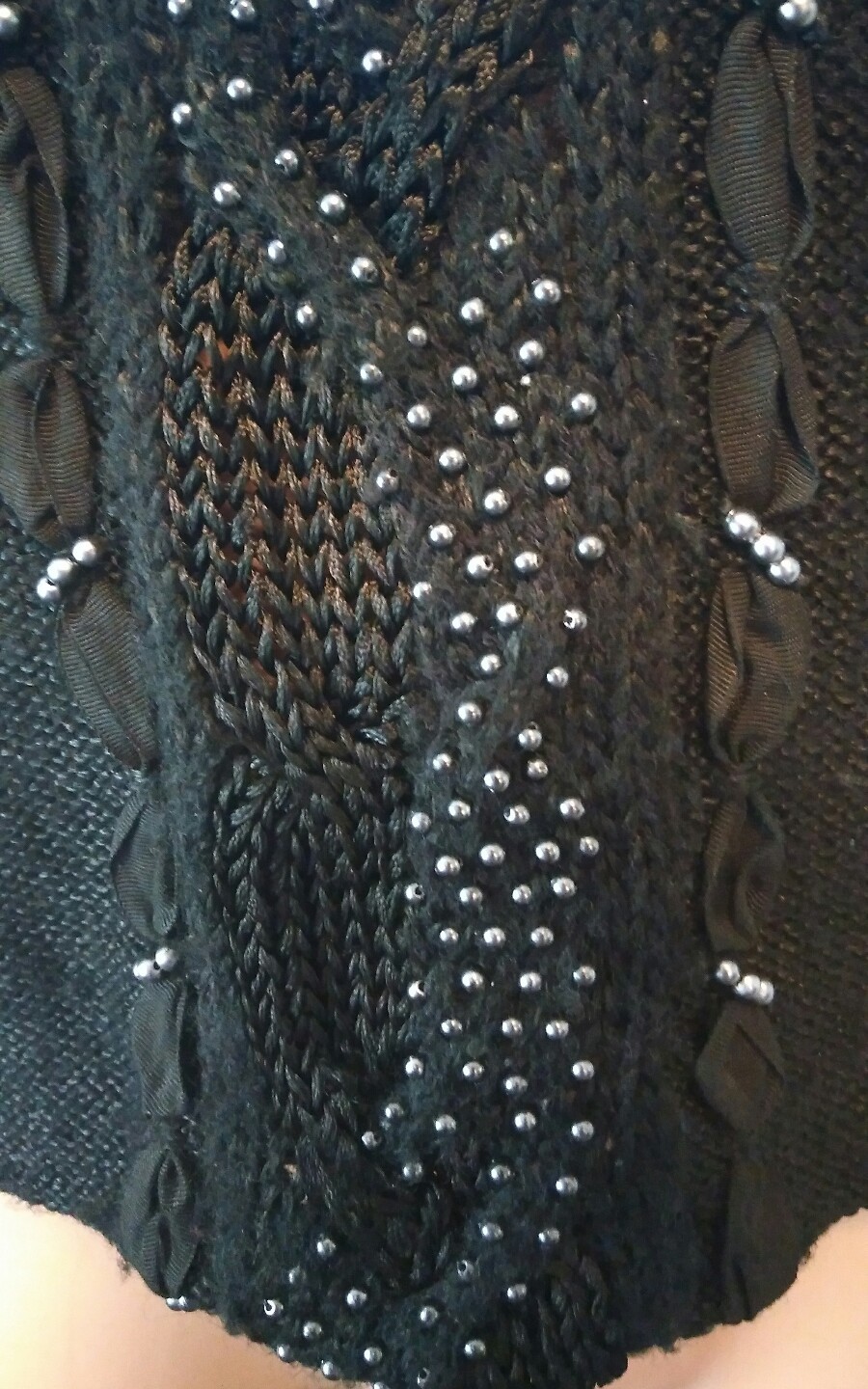 Vintage 70s BELDOCH POPPER Wool Blend Beaded Crochet Sweater Womens Black Large
