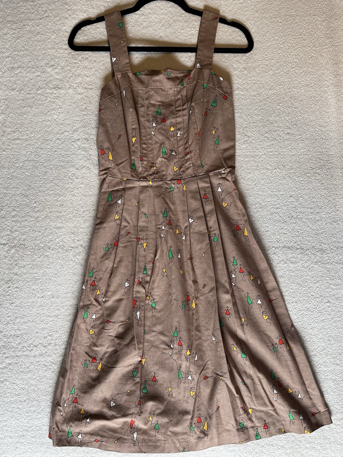 Malia of Honolulu Vintage Dress, Brown/Tan w abstract figures. Resortwear Luau