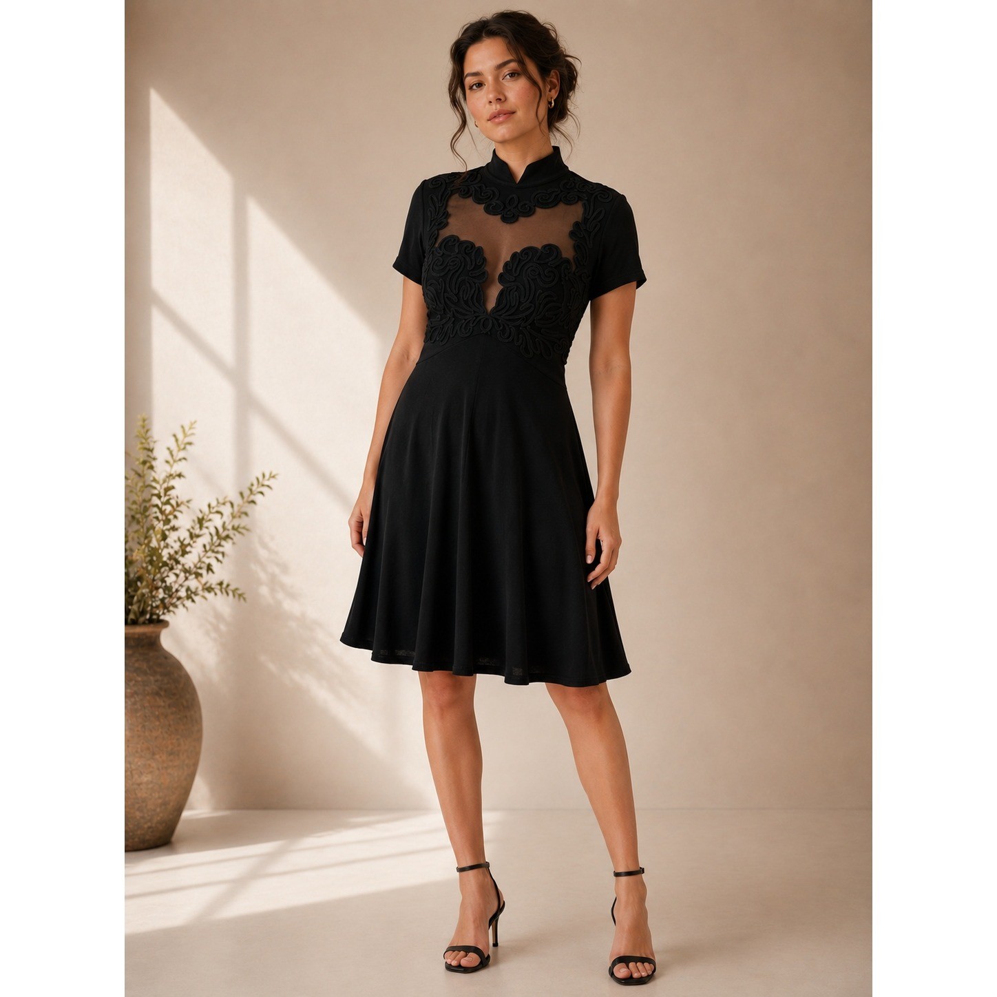 Vintage 90s Tadashi Cocktail Dress Womens L Black Soutache Mesh Mock Neck LBD