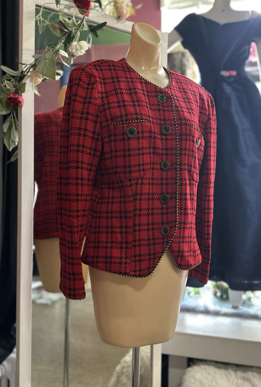 Vintage 80s Red Black Houndstooth Blazer Structured New Wave Holiday Diana M