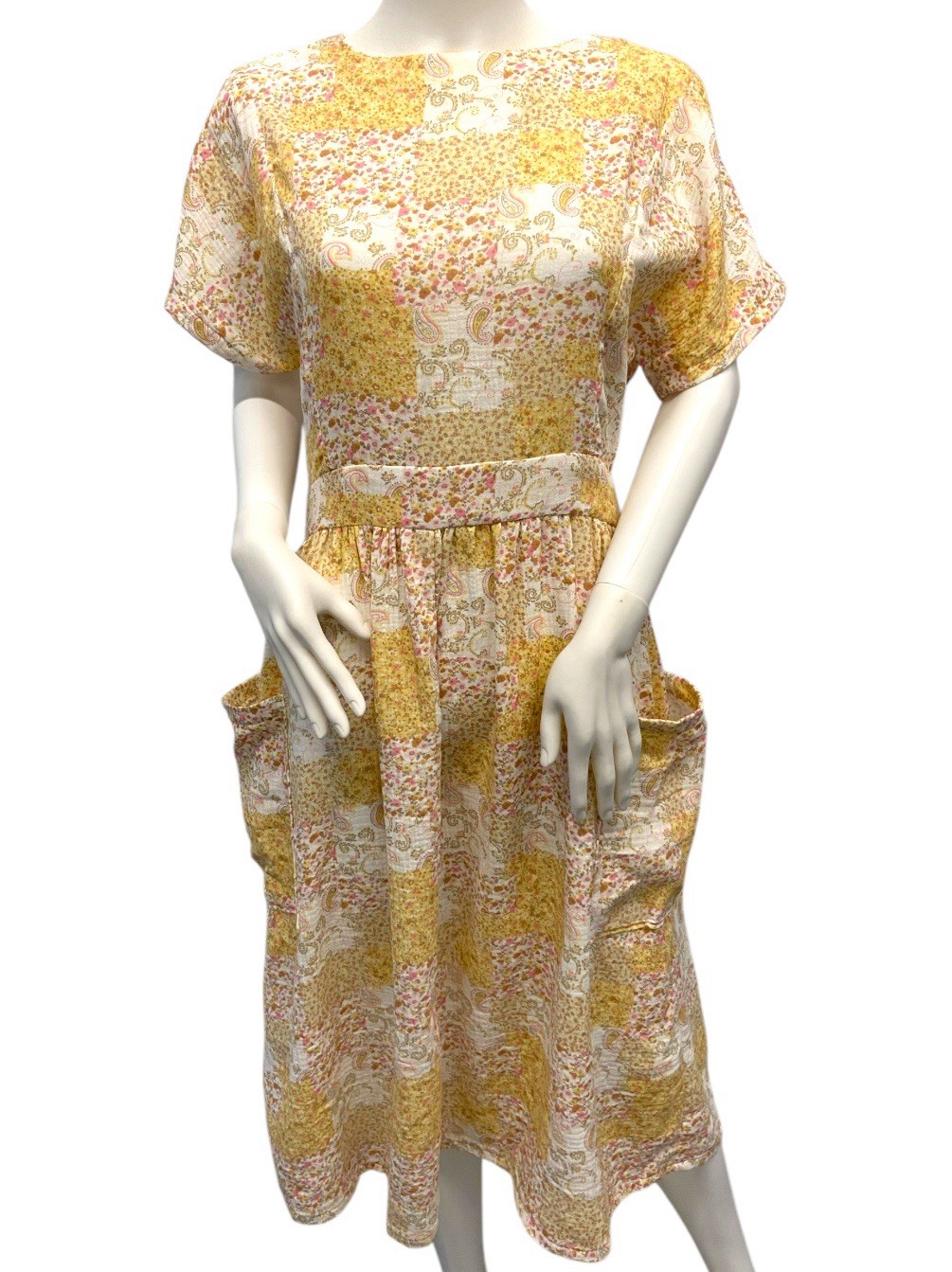 VTG 70s Floral Yellow Pink Paisley Patchwork Pocket Midi Prairie House Dress M