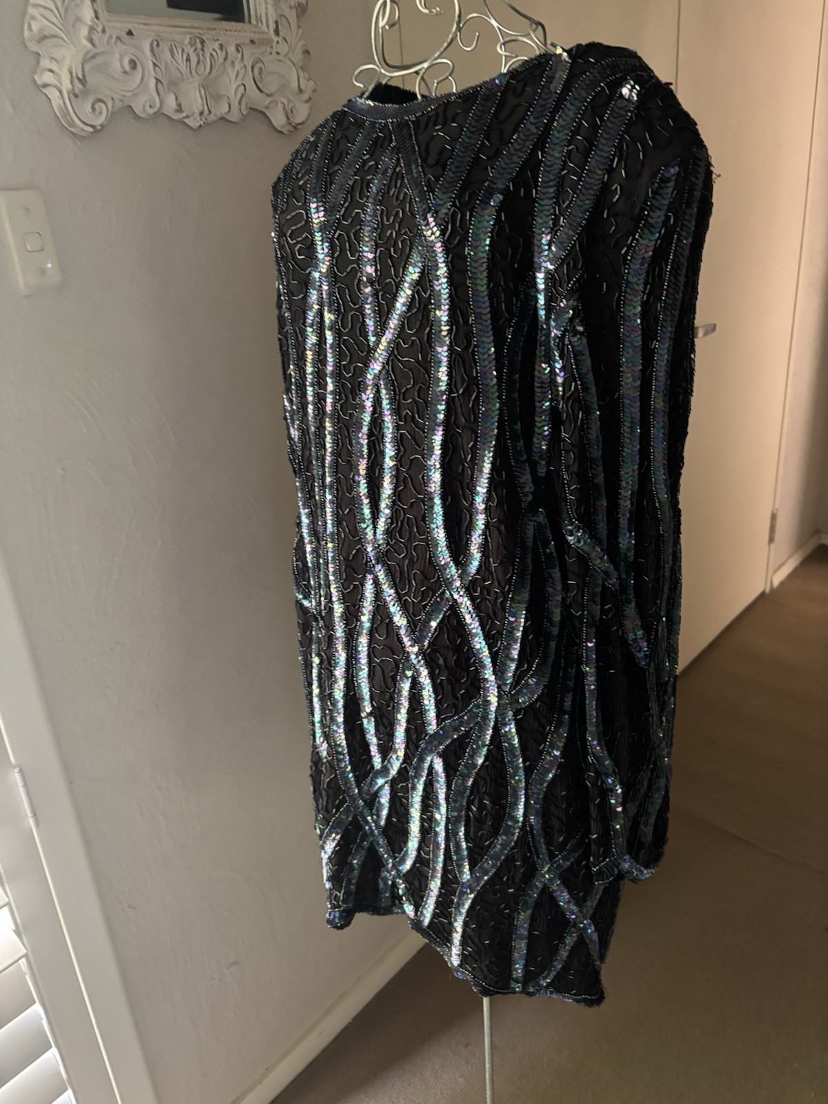 Vintage FRANK USHER Silk Sequin & Beadwork Black Mini Dress M 10-12