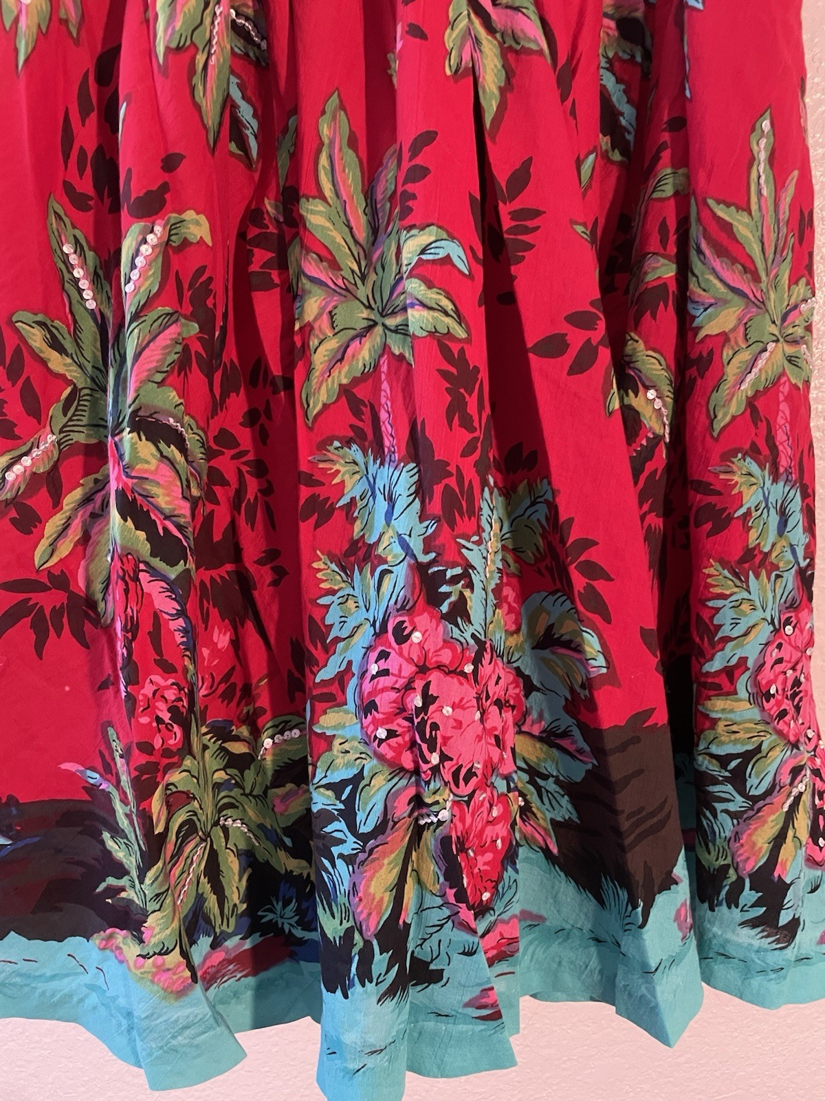 Vintage Colorful Tropical Homemade Cotton Lightweight Sequined Summer Skirt M/L