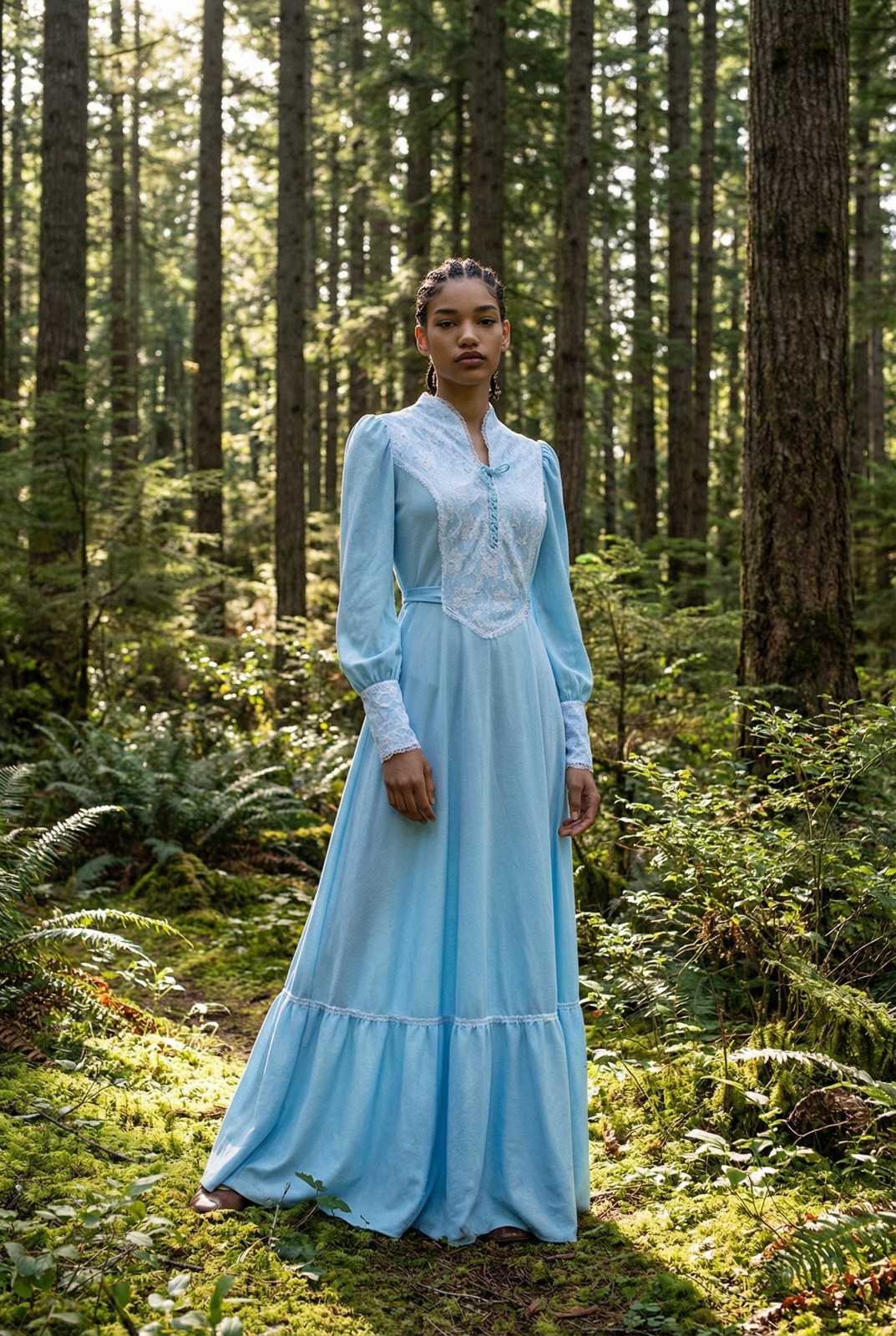 Vintage 70&rsquo;s Victorian Style Romantic Blue Peasant Maxi Dress S 26&Prime; waist