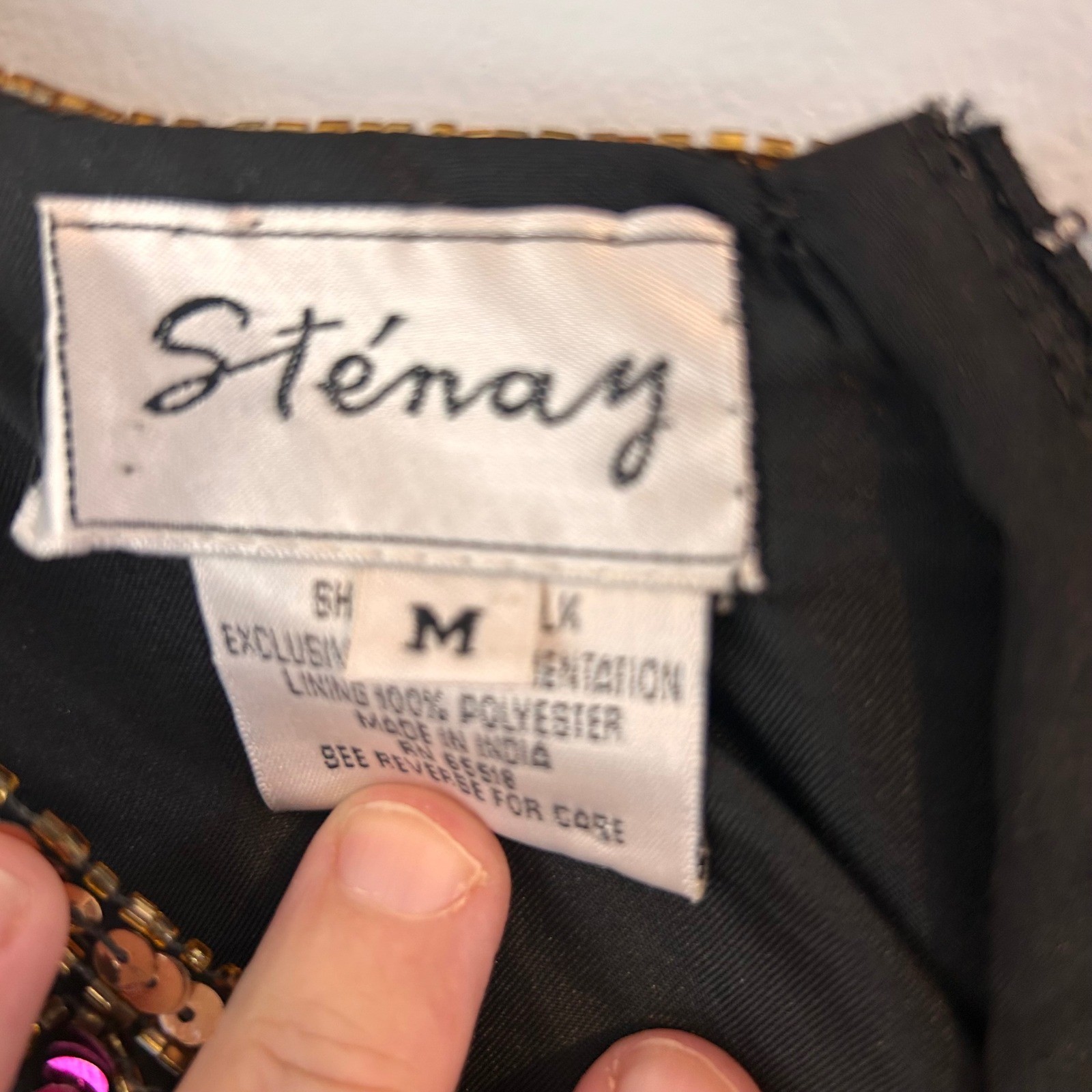 Stenay Vintage Silk Beaded Sequin Top Black Gold Pink Blue Floral Evening M
