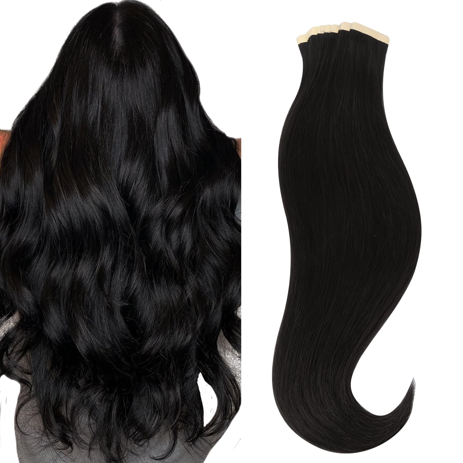 HOTBANANA 16&Prime; Jet Black Remy Human Tape-In Hair Extensions 20pc/50g