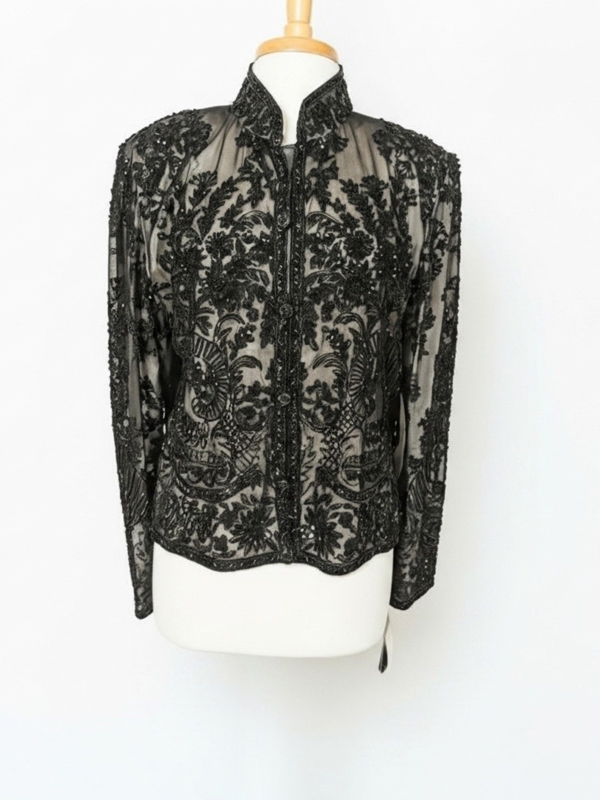 Vintage 1990s Adrianna Papell Beaded Silk Evening Jacket XL | Black Sequin Embel