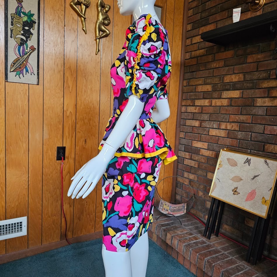 Vintage 80s Abstract Floral Postmodern Dynasty Cocktail Party Wiggle Dress S/M