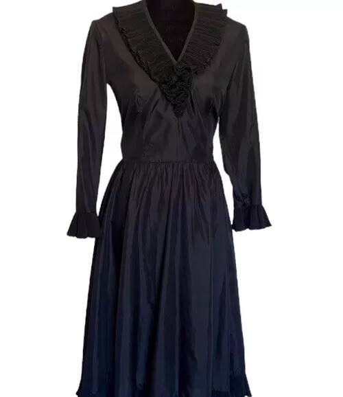 Vtg Victor Costa Black Gothic Victorian Silk Taffeta Midi Dress Sz 6 L/S Ruffle