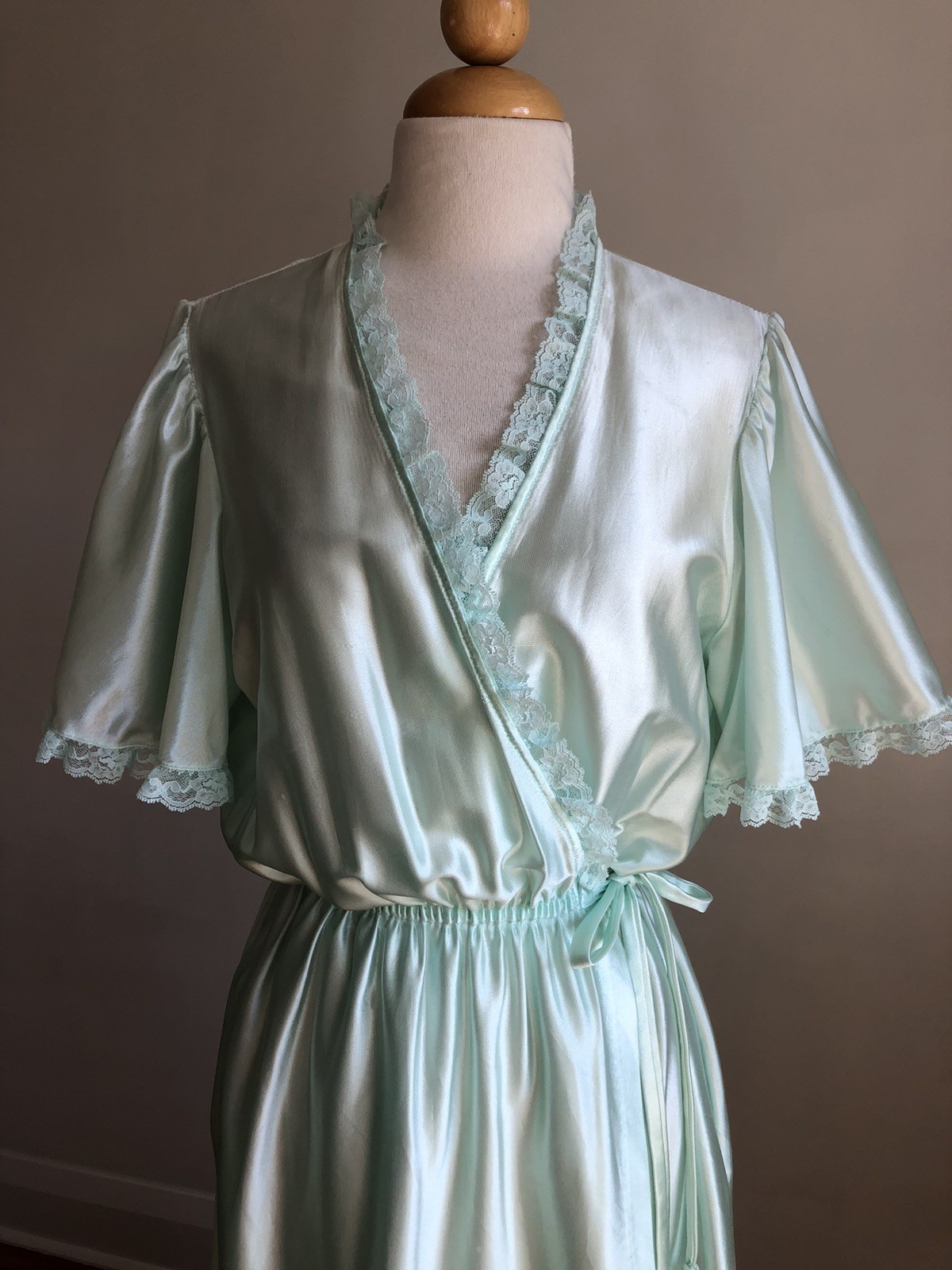 GORGEOUS VTG VAL MODE Blue Lacey Full-length Robe Dressing Gown Lingerie SZ M