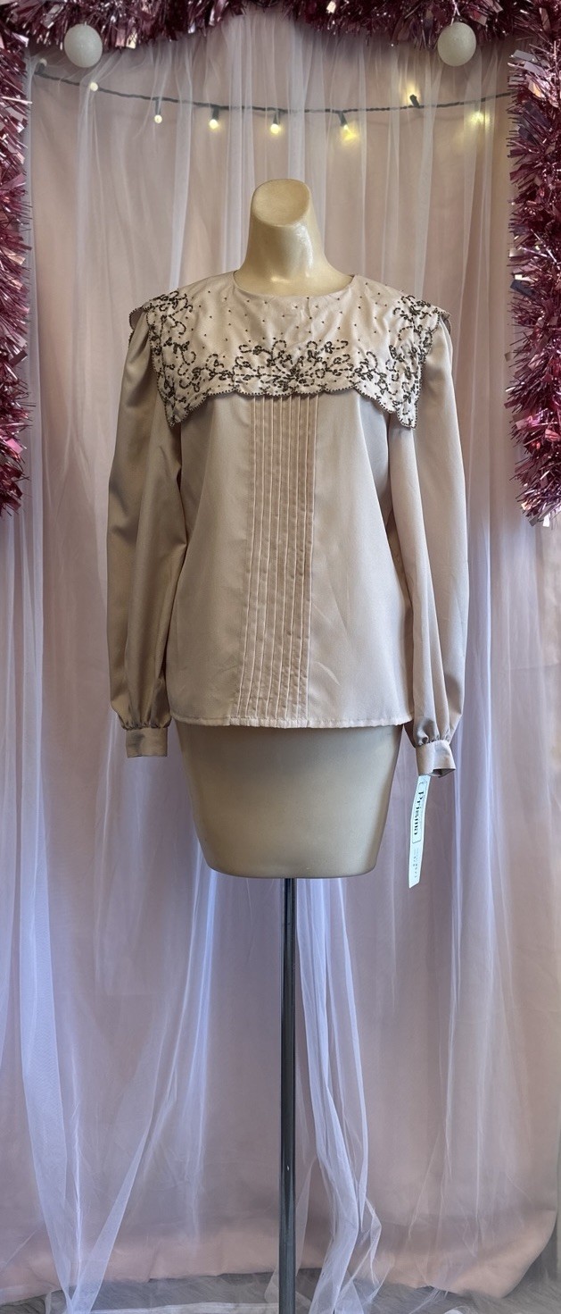 Vintage 80s Beaded Top Blouse Oversized Collar Prairie Edwardian Oversized S/M
