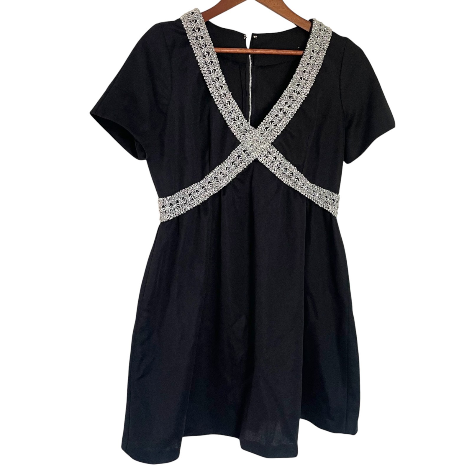 Vintage 60s A Line Mini Dress Large L Black w/ Silver Trim Mod Disco V Neck