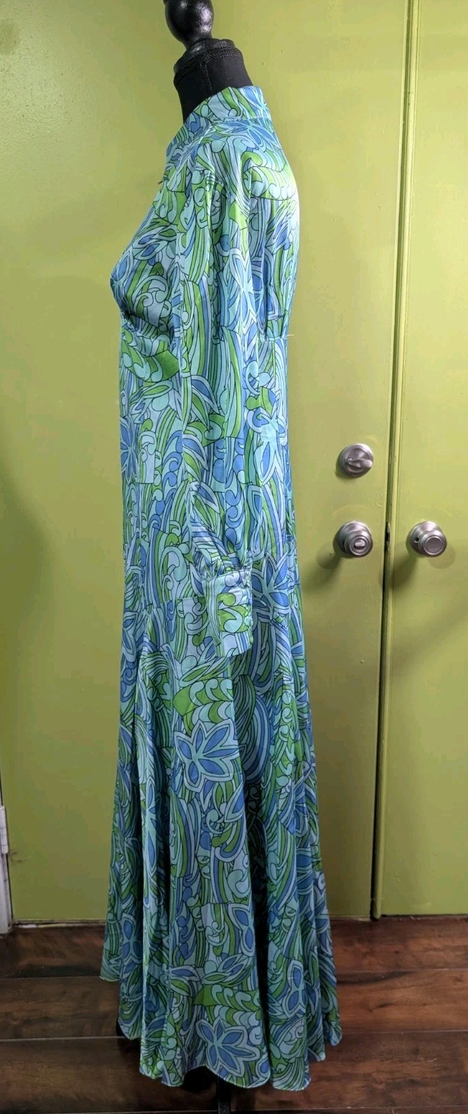 Modern Retro Psychedelic Maxi Dress Blue Green Mod Boho Hostess Medium