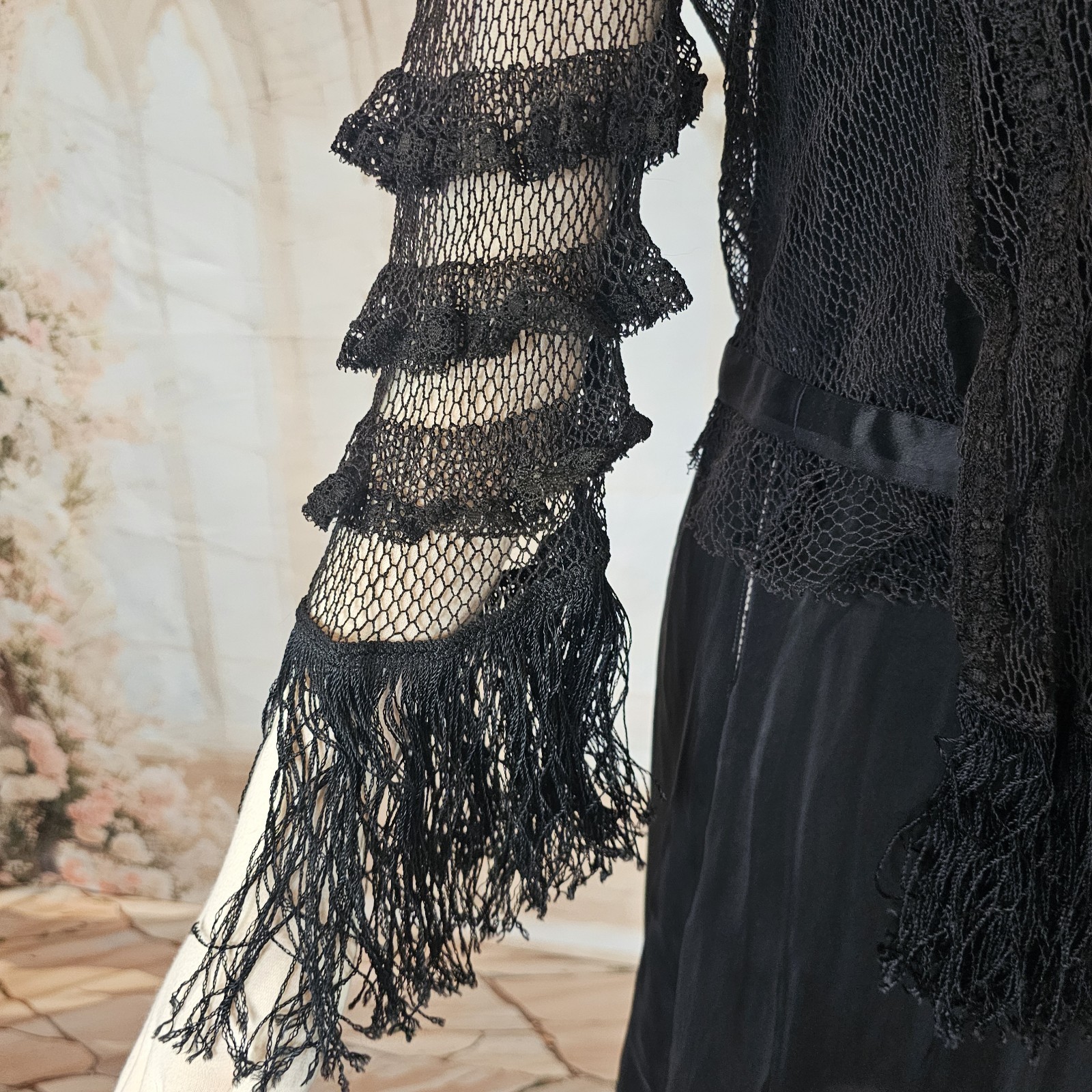 Black Crochet Lace Blouse Fringe Tassels Antique Victorian Edwardian Top Shirt
