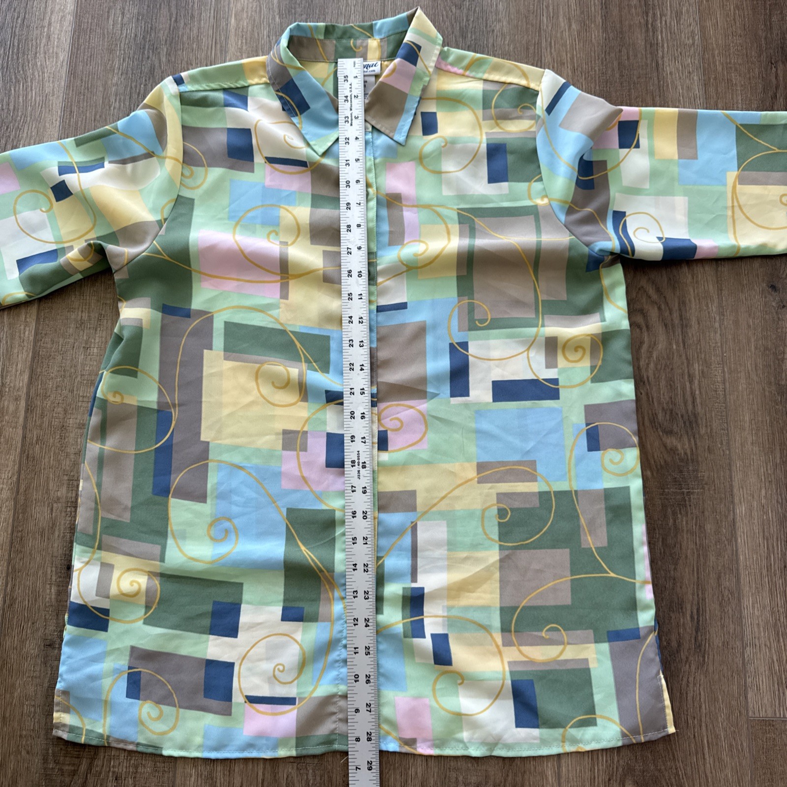 Vintage National Button Down Blouse Sz L Geometric Abstract 3/4 Sleeve Top D8