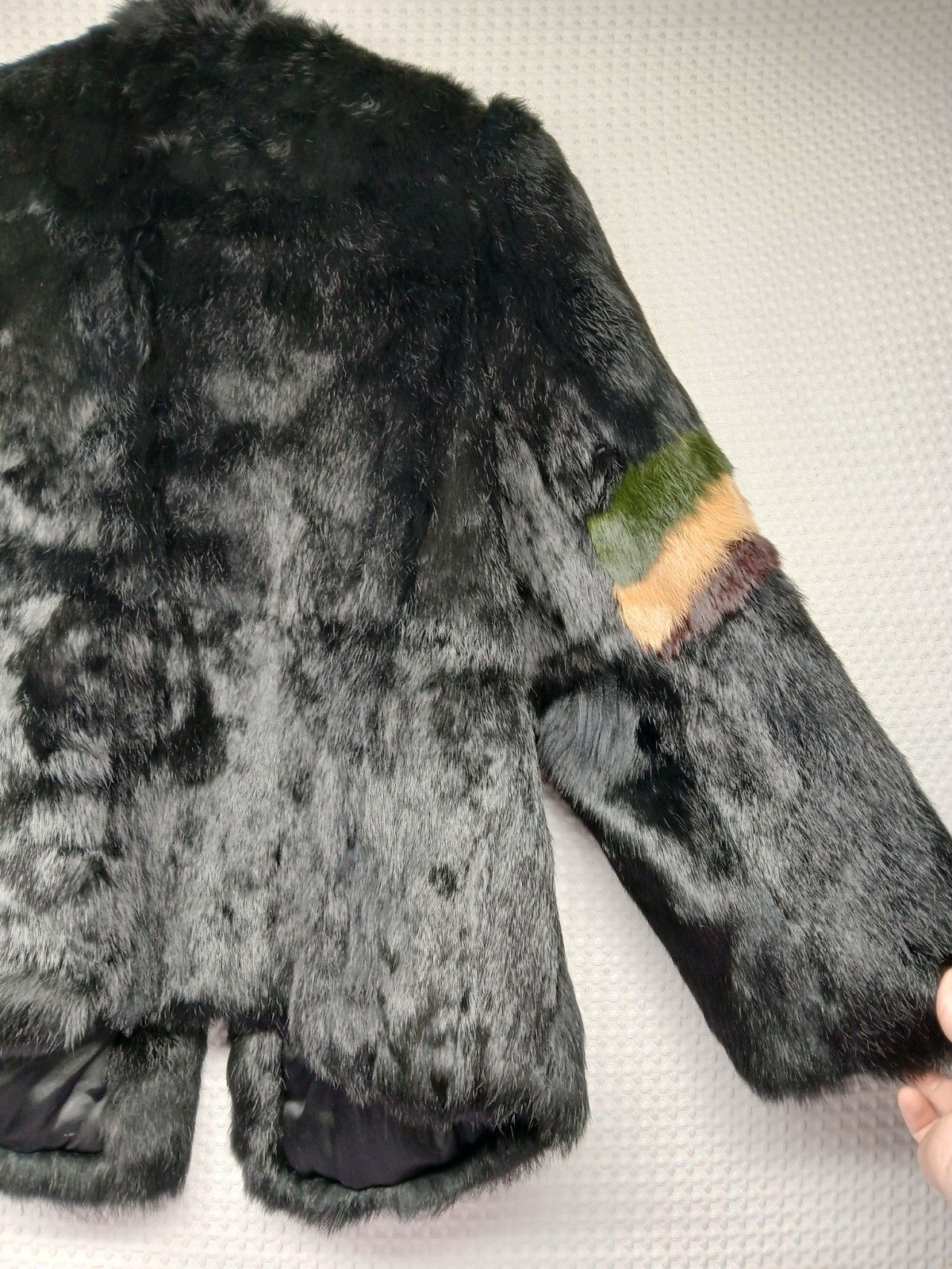 VINTAGE MULTICOLOR GENUINE RABBIT FUR SATIN LINING COAT WOMEN’S L FREE SHIP NICE