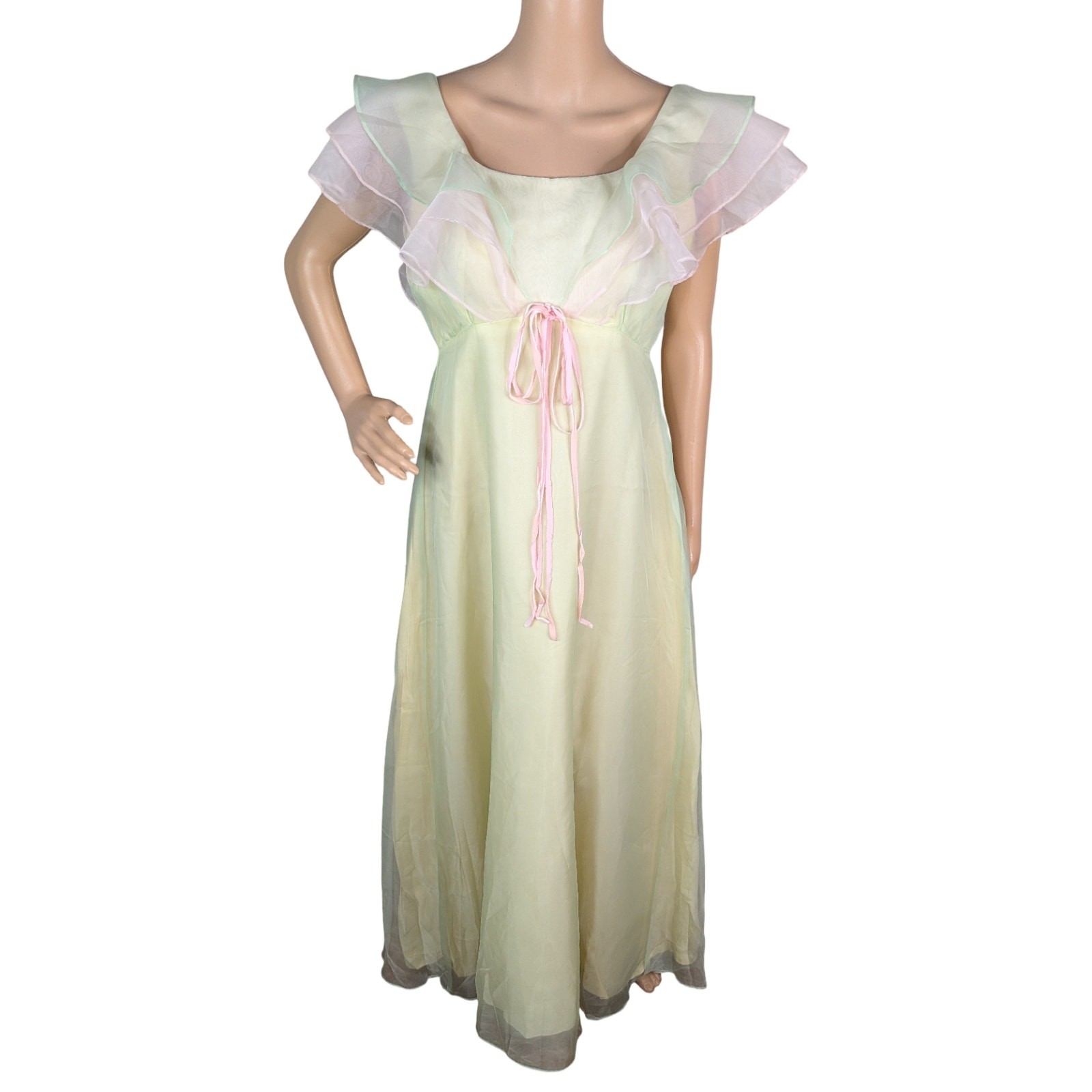 Vintage 70s Pastel Chiffon Maxi Dress M – Empire Waist Flutter Sleeve Coquette