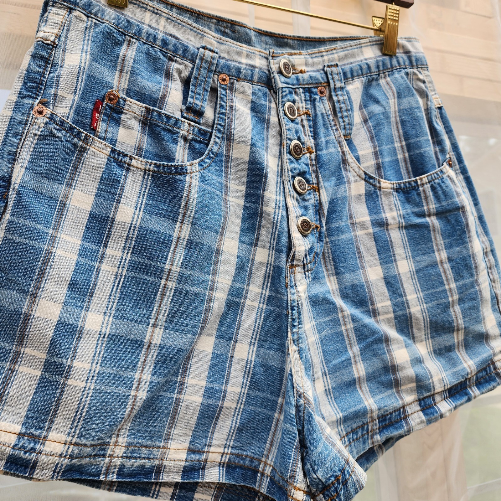L.E.I Riding Wear Plaid Blue Jean Shorts Sz Med High Rise Button Down Denim Y2K