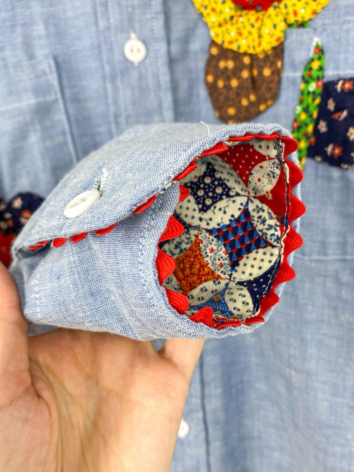 VTG 70s Chambray Patchwork Shirt Calico Flower Strawberry Applique RickRack L