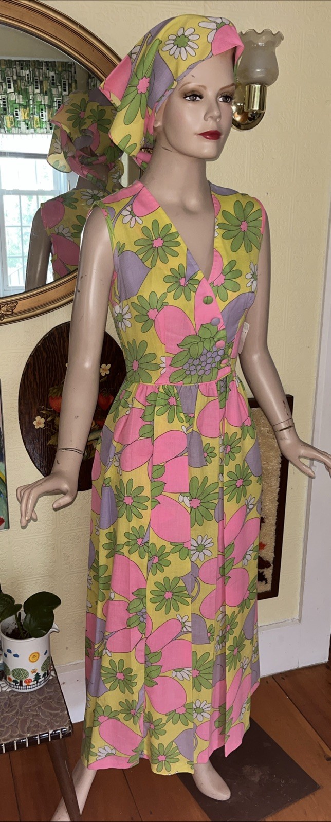 Vintage 60s 70s NOS psychedelic Mod Neon Floral Maxi Dress 2 Piece Head wrap