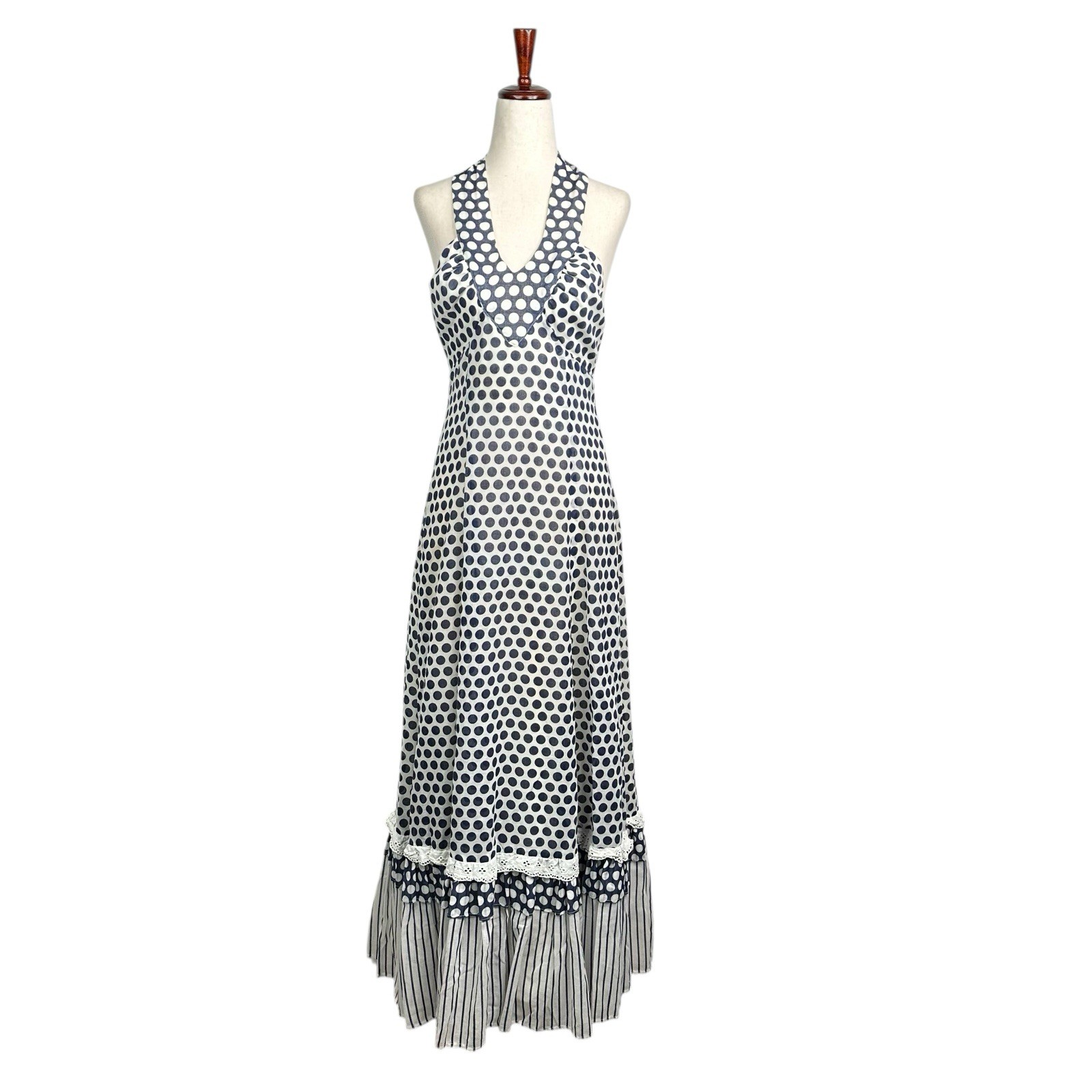 David Butler Pressler VTG 70s Polka Dot Halter Neck Maxi Dress Boho Festival XS