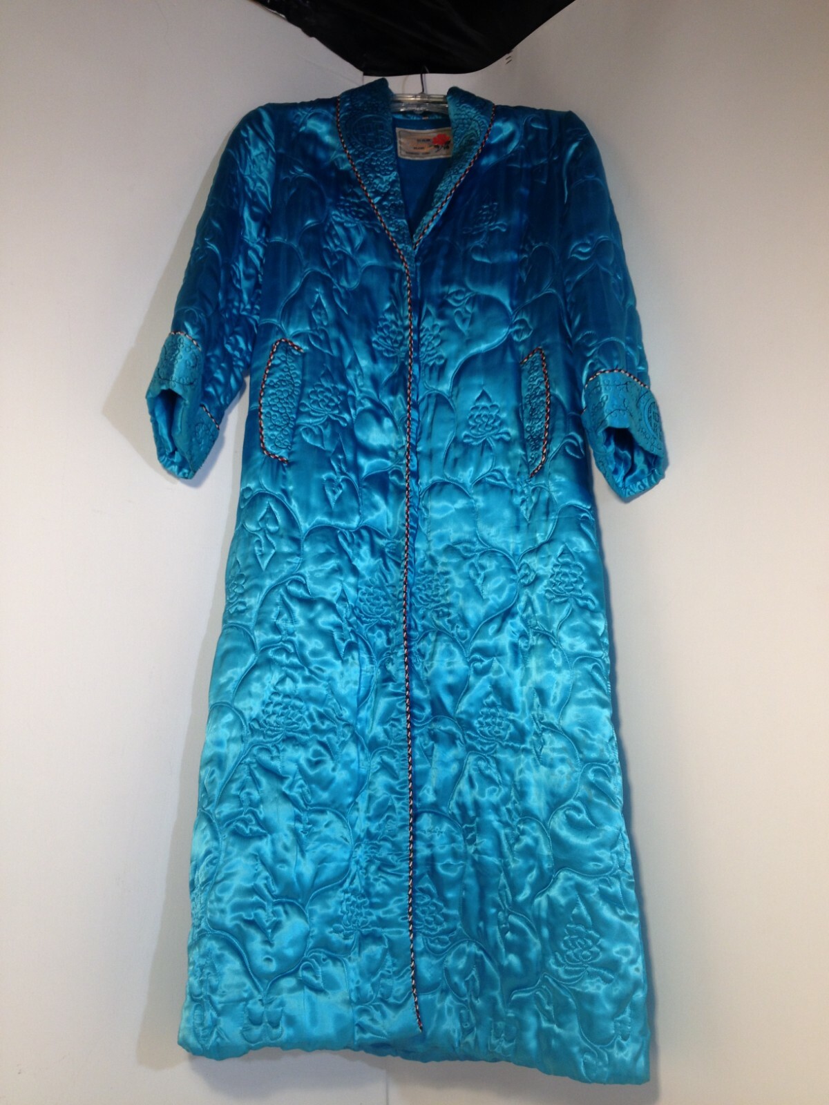 PEONY Brand Shanghai China Vintage Blue Long Satin Jacket Closure Kimono Size 34
