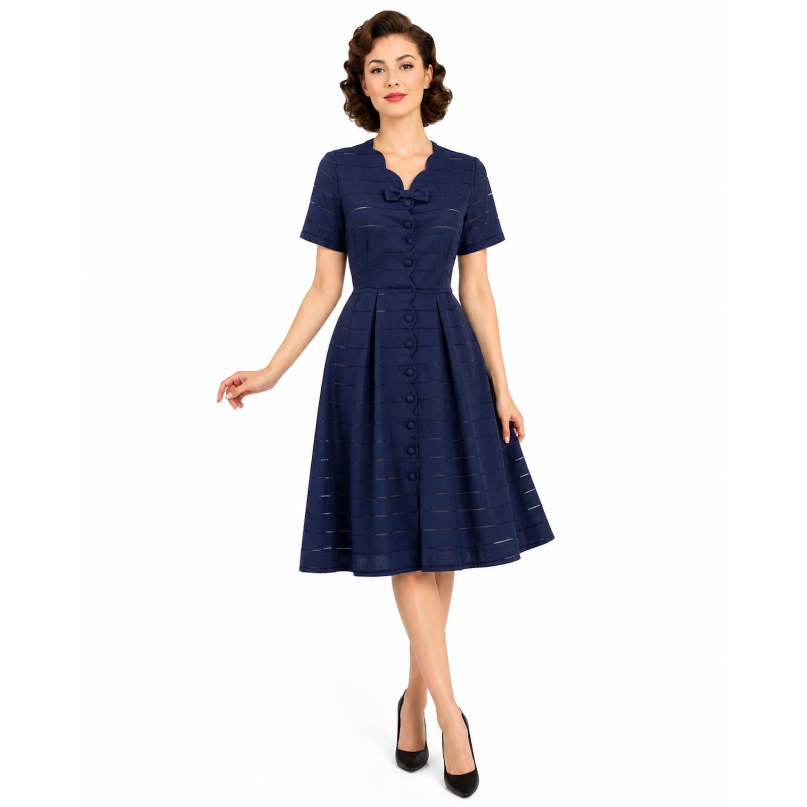 50s Navy Day Dress | Bow Neck Scalloped Collar Button Front Fit Flare | S/M