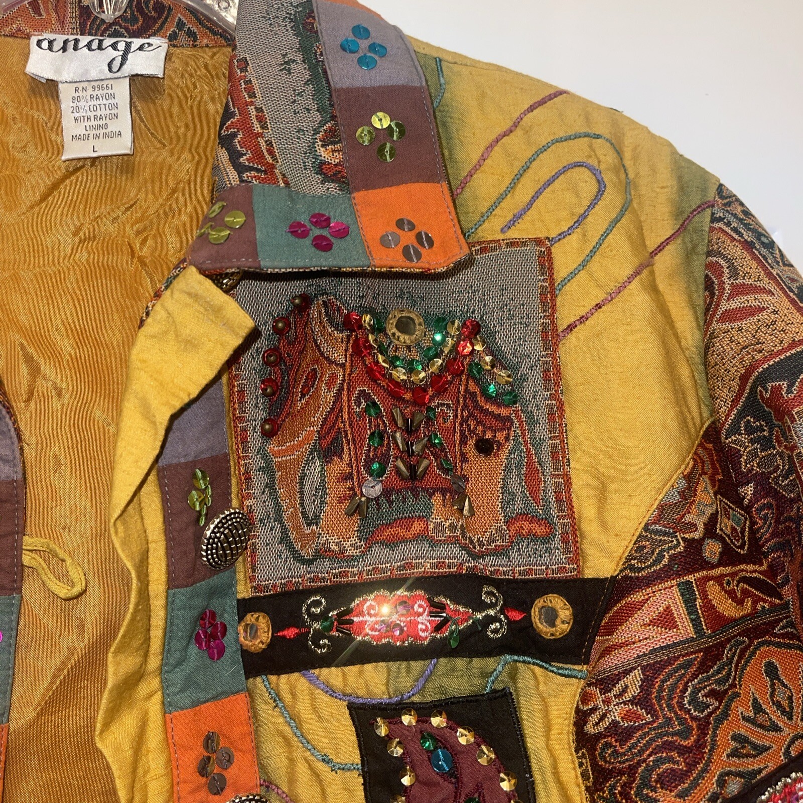Anage Art To Wear Silk Applique Jacket L Sequined Paisley Boho Festival Vtg