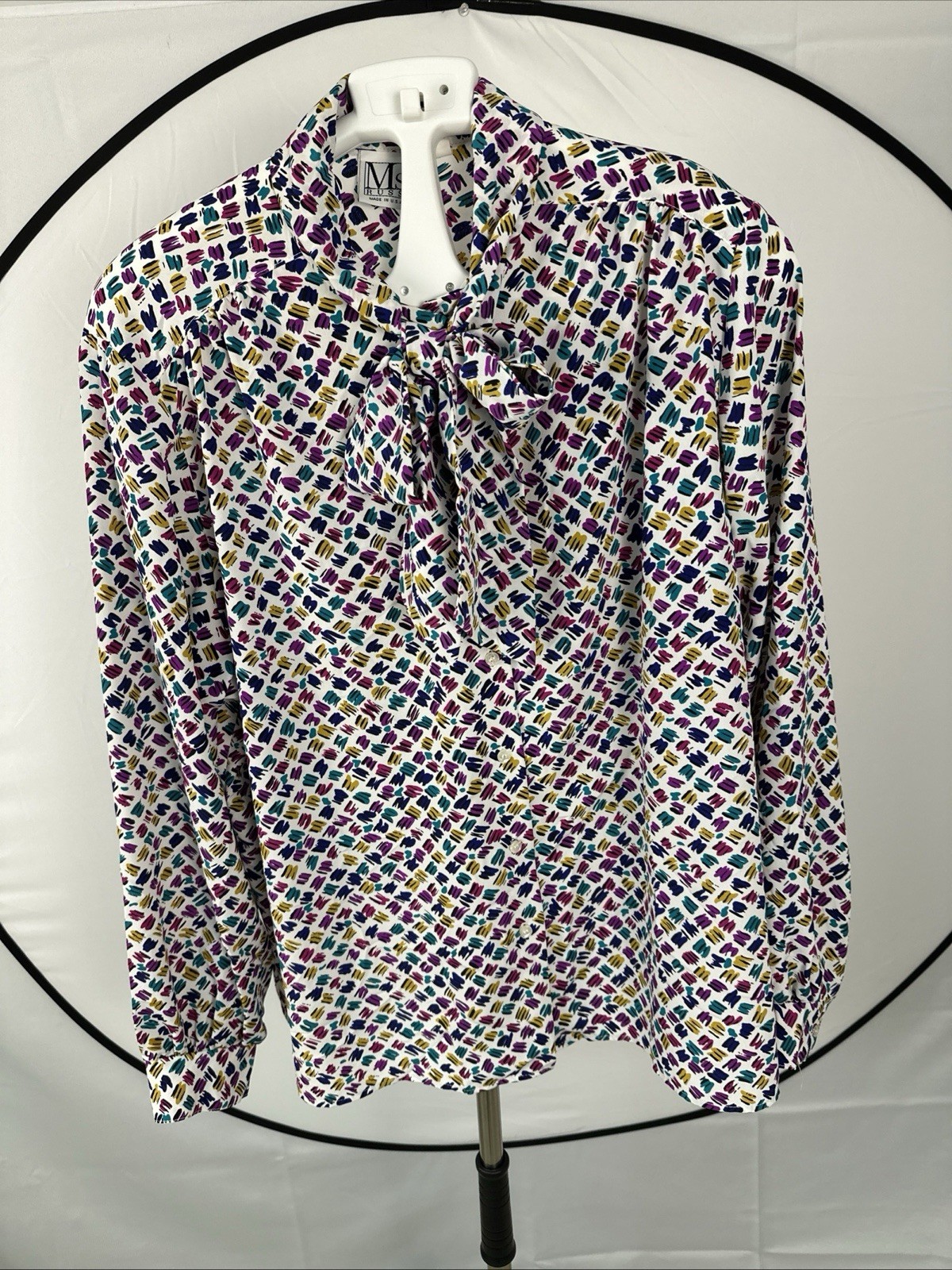 VTG Ms.Russ Made In U.S.A. Women’s Sz 2XL Tie-neck Blouse Geometric Prints