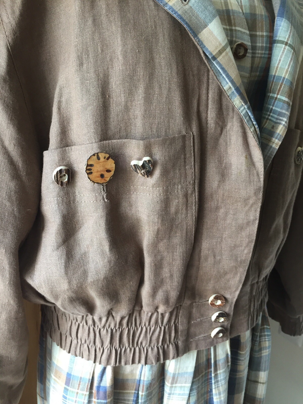 Vintage BASSET Solid & Plaid Detailed 3pc Cotton/Linen Skirt-Jacket-Vest SZ 44/L