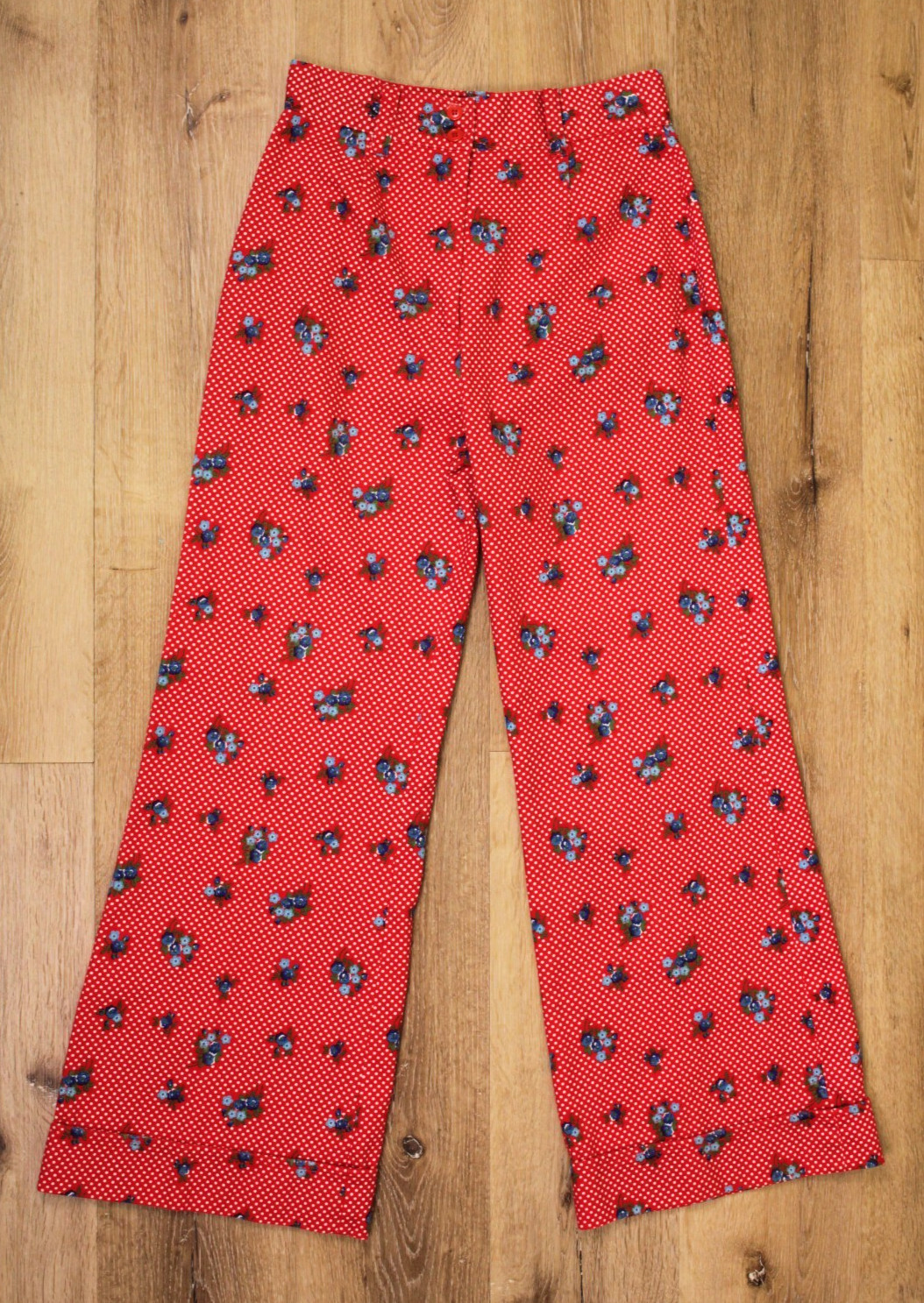 VTG Women&rsquo;s 70s Red Polka Dot & Blue Floral Bell Bottom Pants Sz 29&Prime; / M 1970s