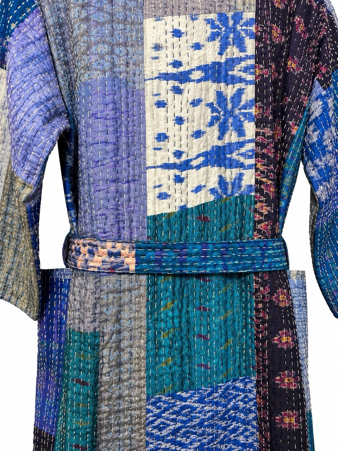 Vintage Silk Kantha Patchwork Robe Handmade Quilted Kimono Belted One Size