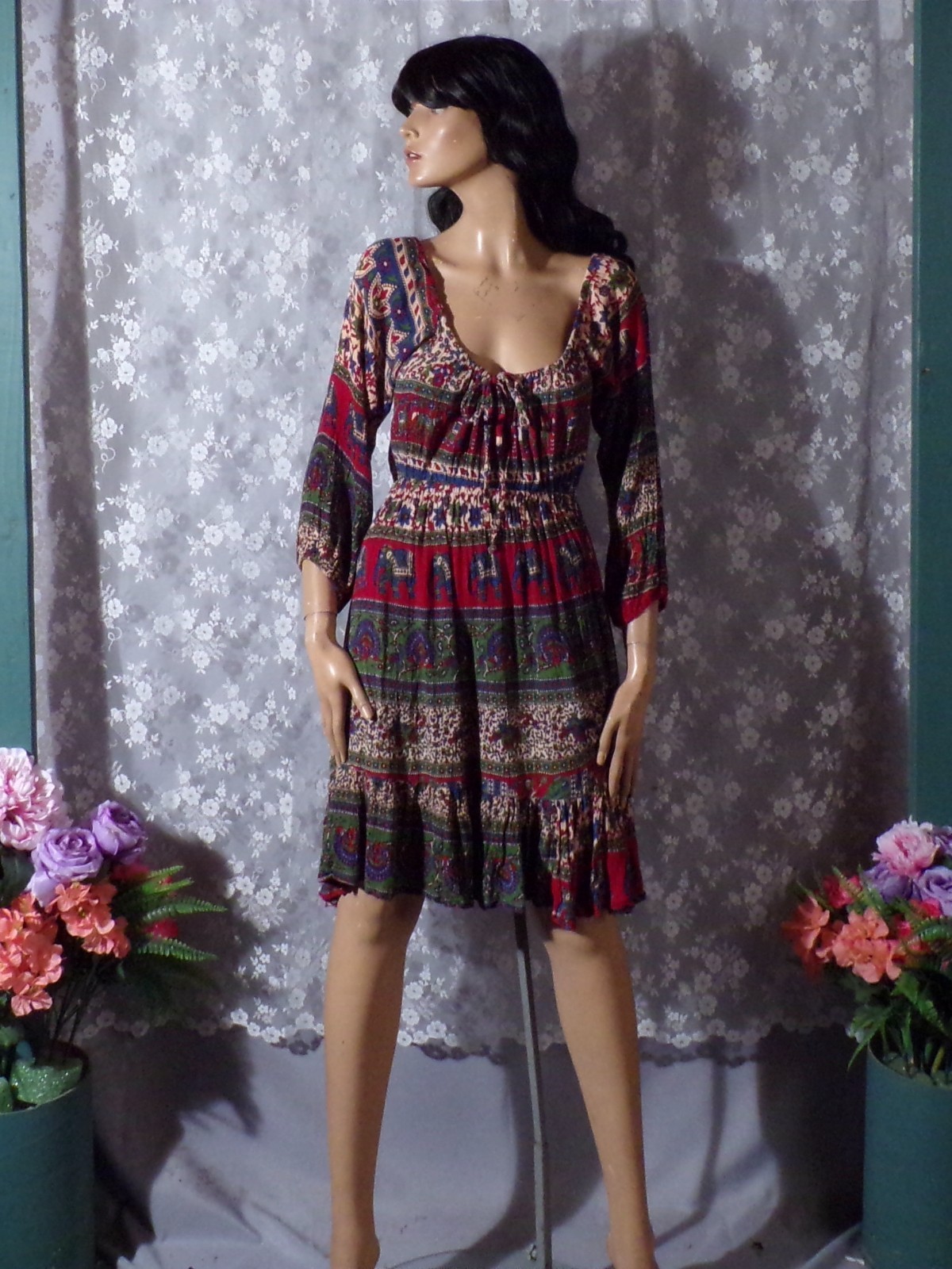 Vintage Boho Mini Dress Size Large 90s Elephant Peacock Hippie Eclectic 1990s