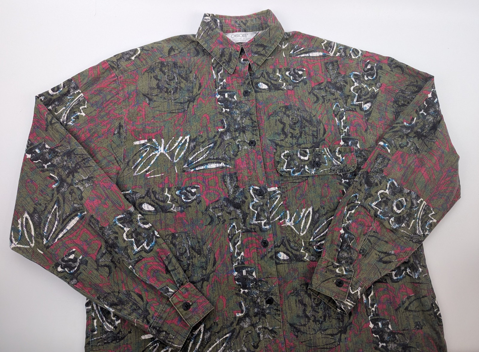 Vintage 90s Cherokee USA Made Abstract Floral Button Up Shirt Size Medium Cotton