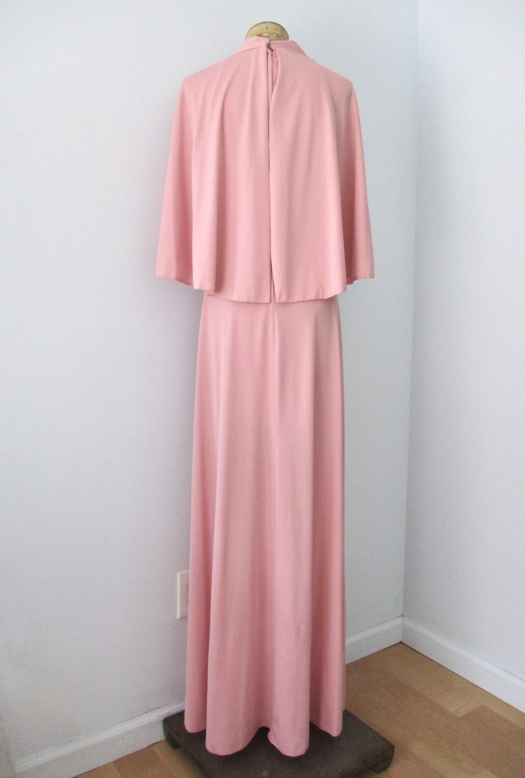Vtg 70s Lorrie Deb Rose Pink Maxi Hostess Formal Empire Dress Cape Rosette S/M