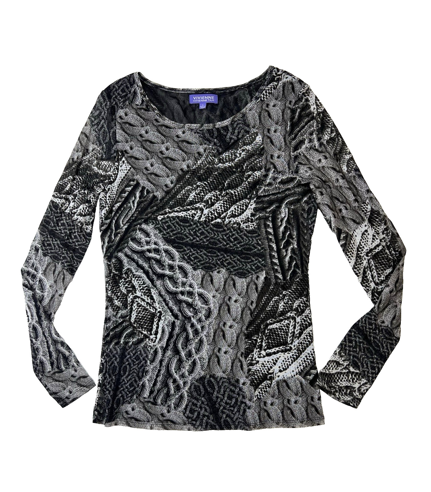 Vtg Y2K Vivienne Tam Sz L Long Sleeve Mesh Top Semi Sheer Cable Knit Grunge